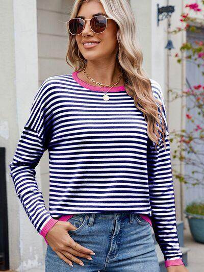 Striped Contrast Round Neck Long Sleeve Sweater for Women