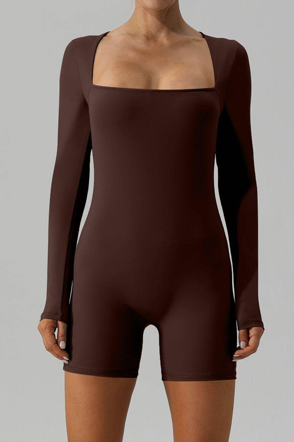 Square Neck Long Sleeve Active Romper for Women Fitness