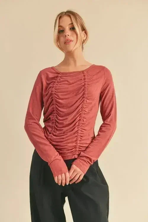 Ruched Front Long Sleeve T-Shirt - Slimming Top | Femstylo
