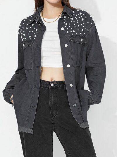 Raw Hem Pearl Trim Collared Neck Denim Top for Women
