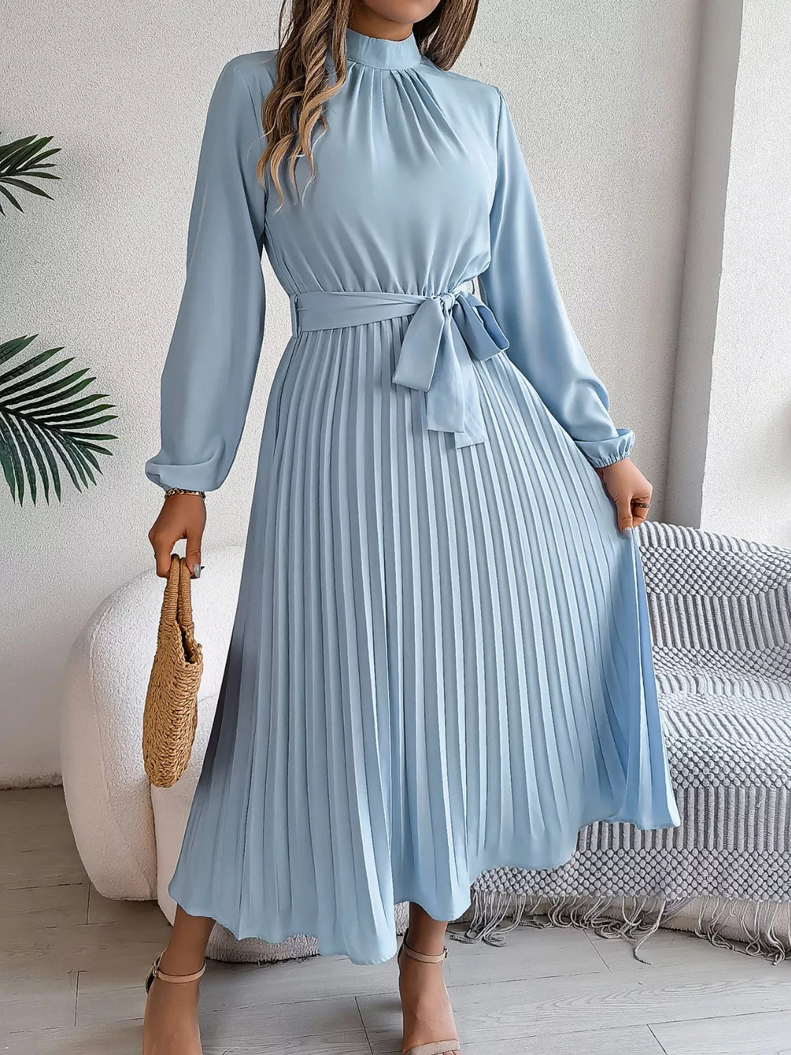 Mock Neck Pleated Midi Dress