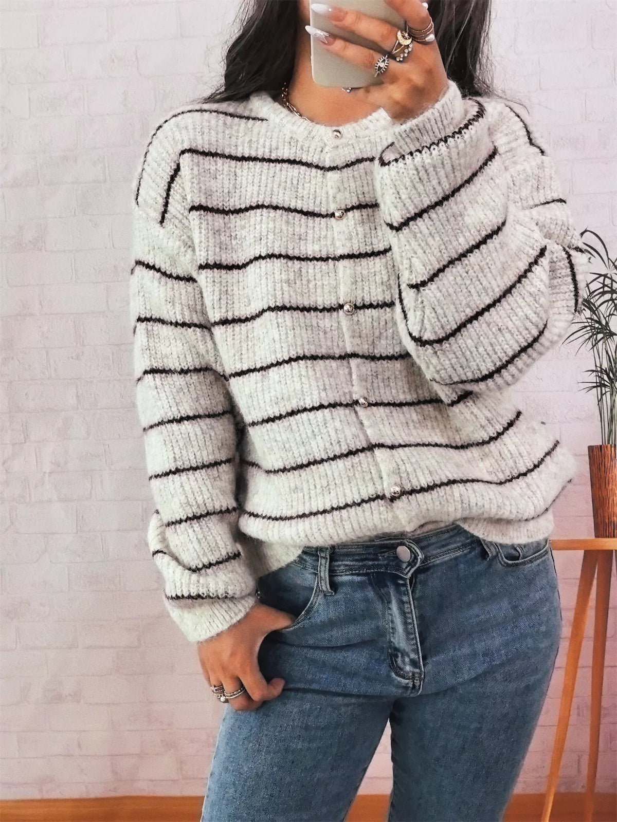 Striped Button Up Long Sleeve Cardigan