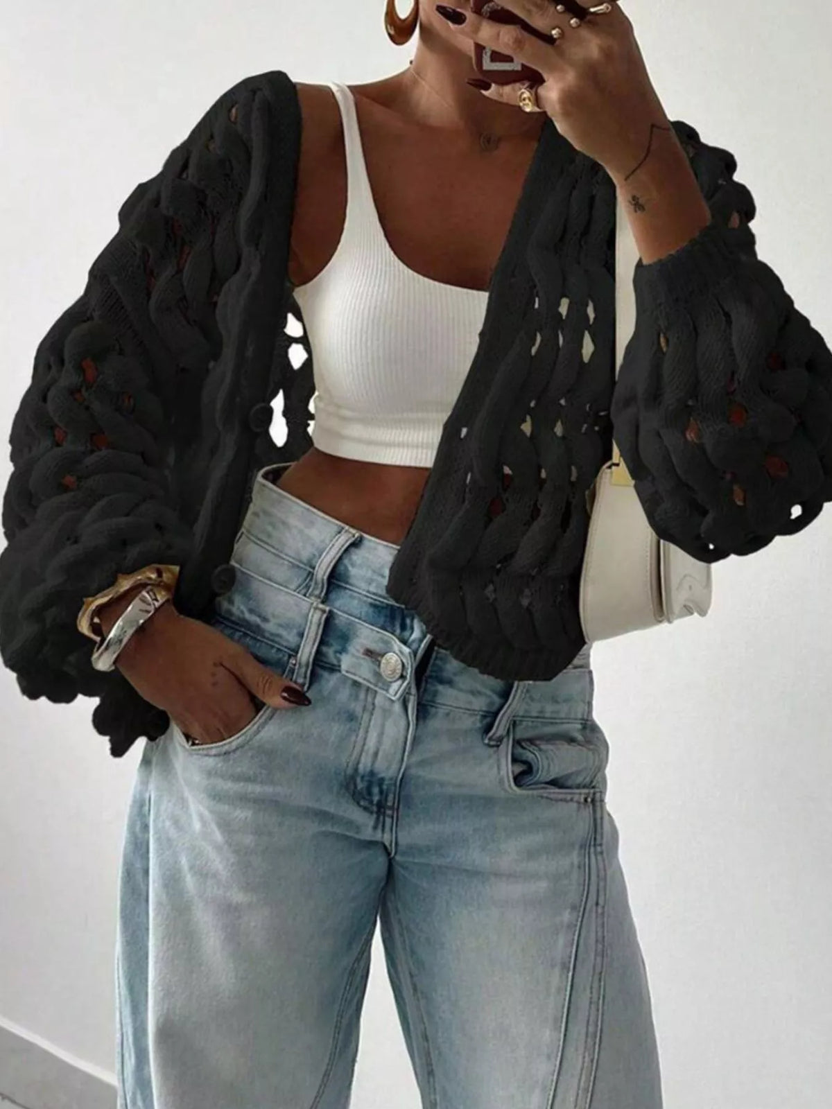 Openwork Button Up V-Neck Cardigan