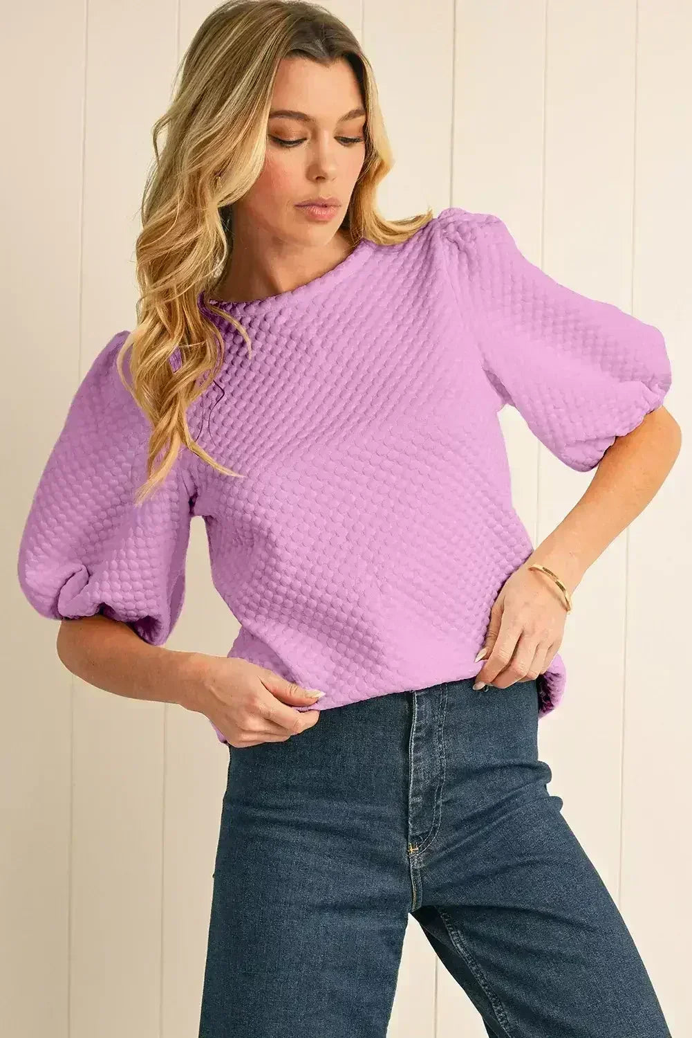 Phalaenopsis Solid Textured O Neck Puff Sleeve Blouse | Femstylo