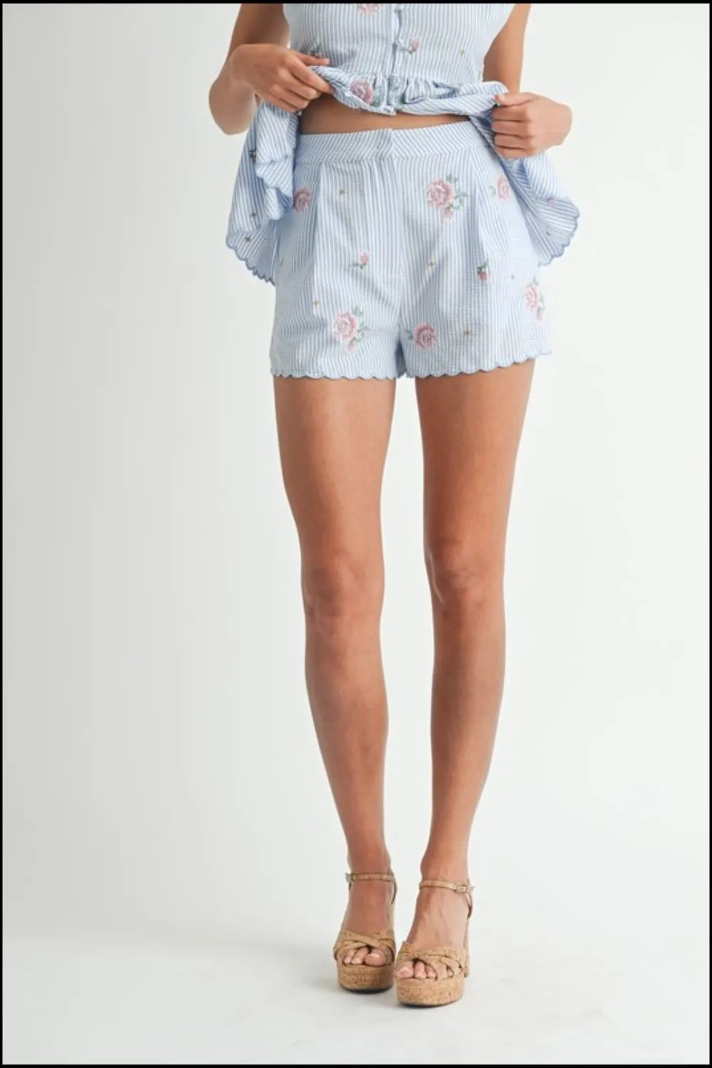MABLE Stripe Embroidered Peplum Cami and Shorts Set