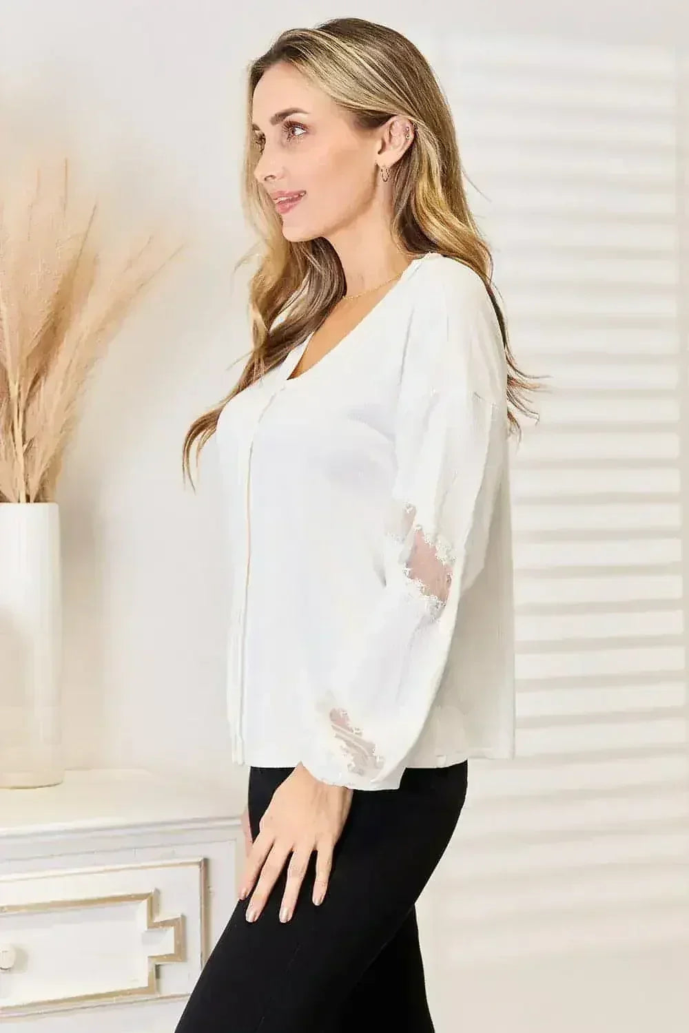 Off White V-Neck Dropped Shoulder Blouse - Versatile Top | Femstylo