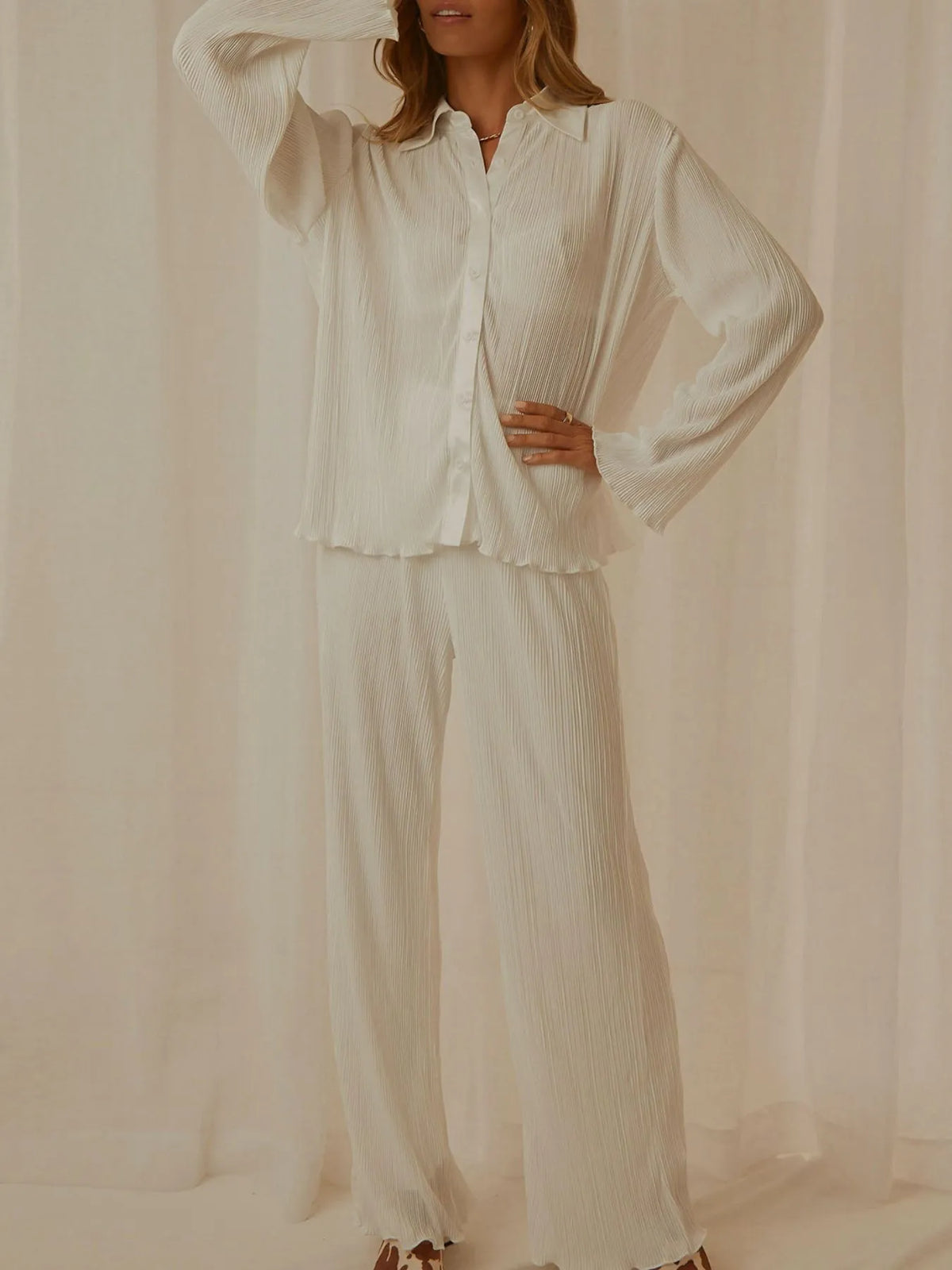 Button Up Long Sleeve Top and Pants Set