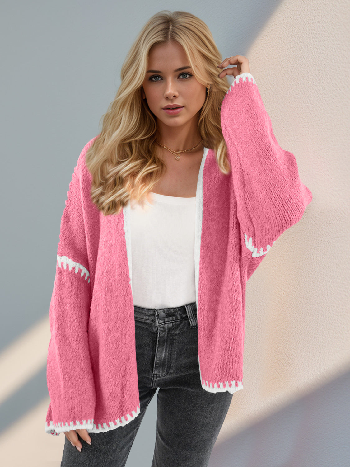 Back To School Sweater - Double Take Contrast Open Front Dropped Shoulder Cardigan