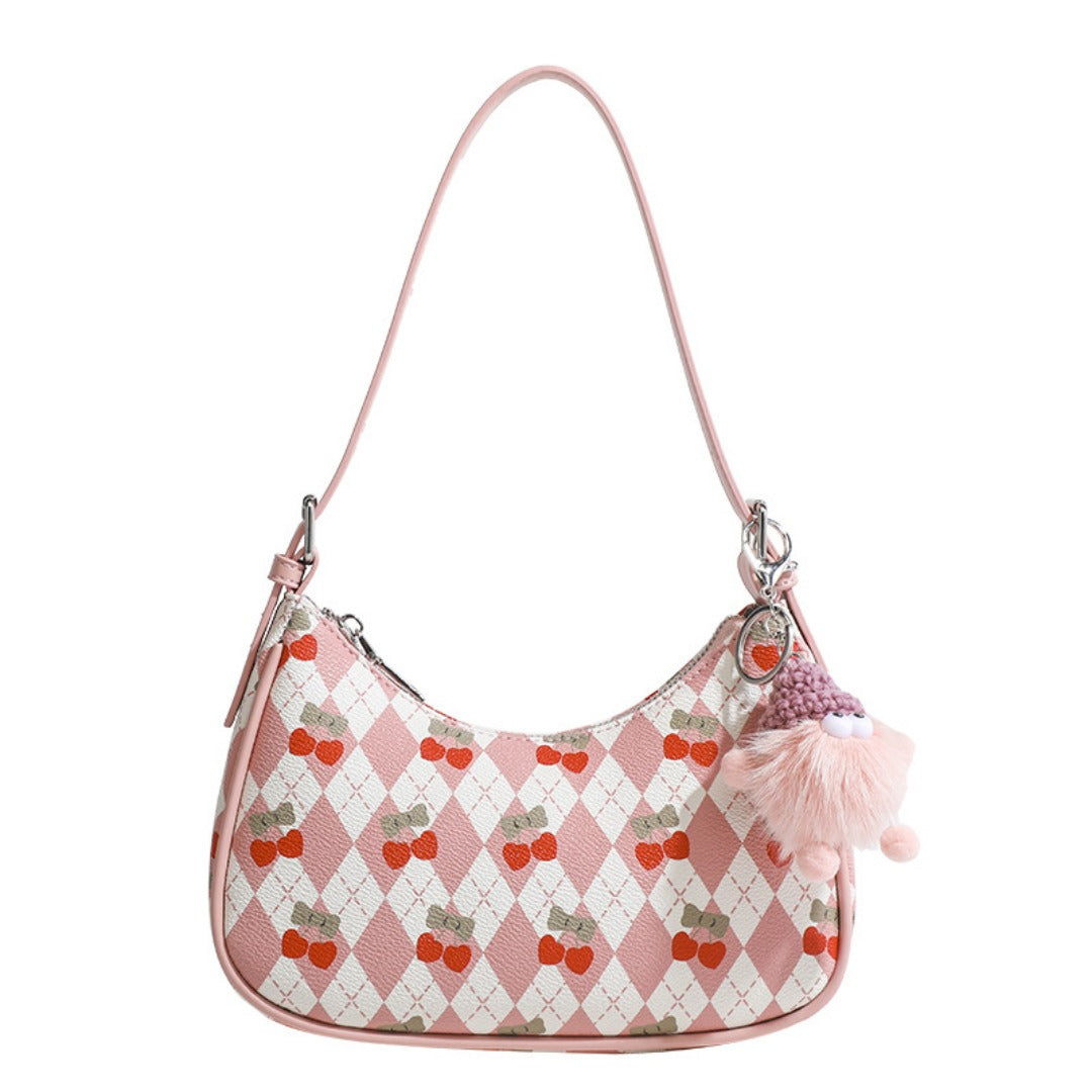 Small versatile shoulder bag, cute cherry pattern shoulder bag, top handle bag, crescent bag hobo