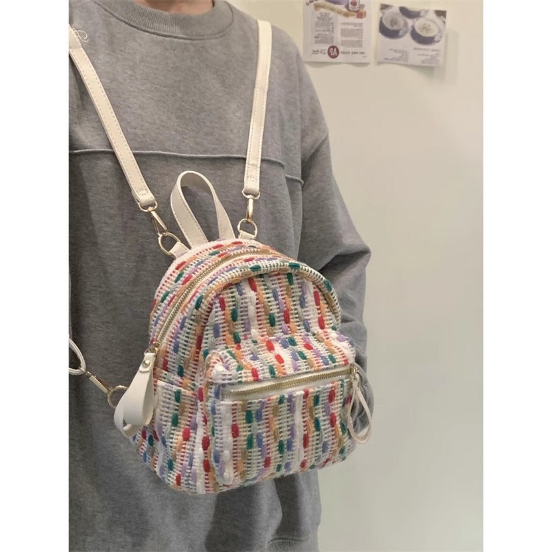 Rainbow Knit Mini Backpack – Stylish Spring and Summer Travel Backpack Purse, Fashionable Mini Backpack for Everyday Use