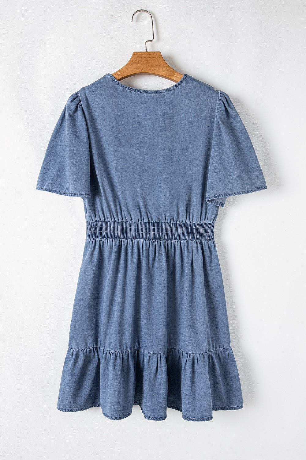 Ruffled Hem Smocked Flutter Sleeve Denim Mini Dress