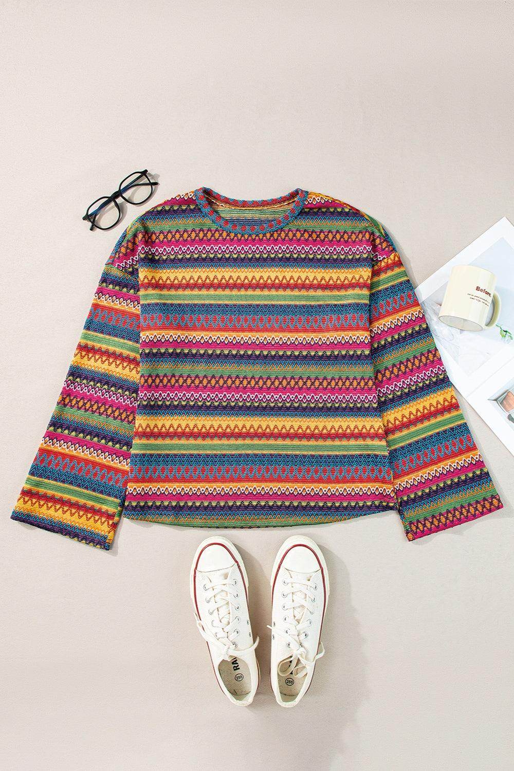 Contrast Round Neck Long Sleeve Top for Women Fashion