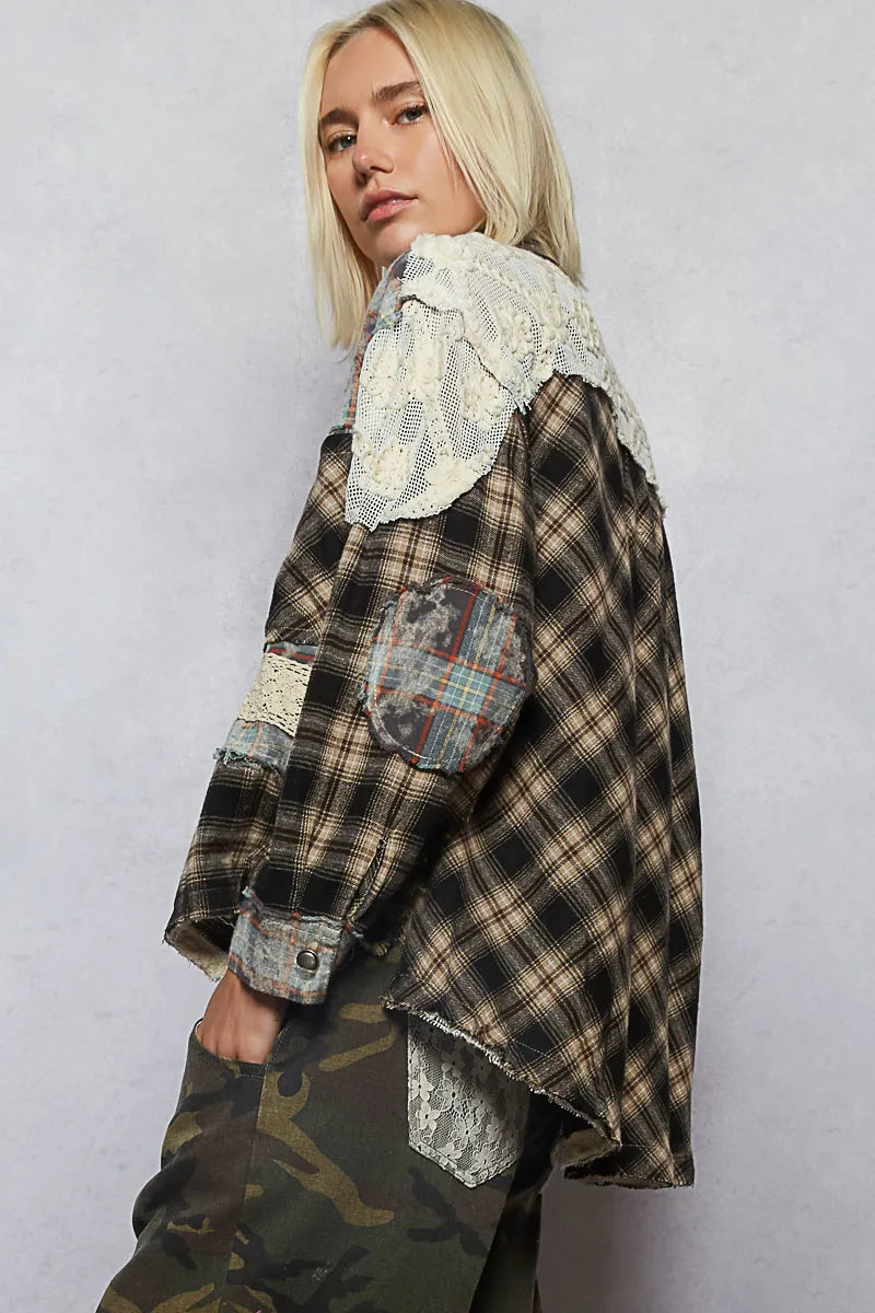 POL Lace Patchwork Plaid Oversized Shirt