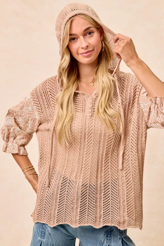 BiBi Jacquard Flower Puff Sleeve Hooded Knit Top