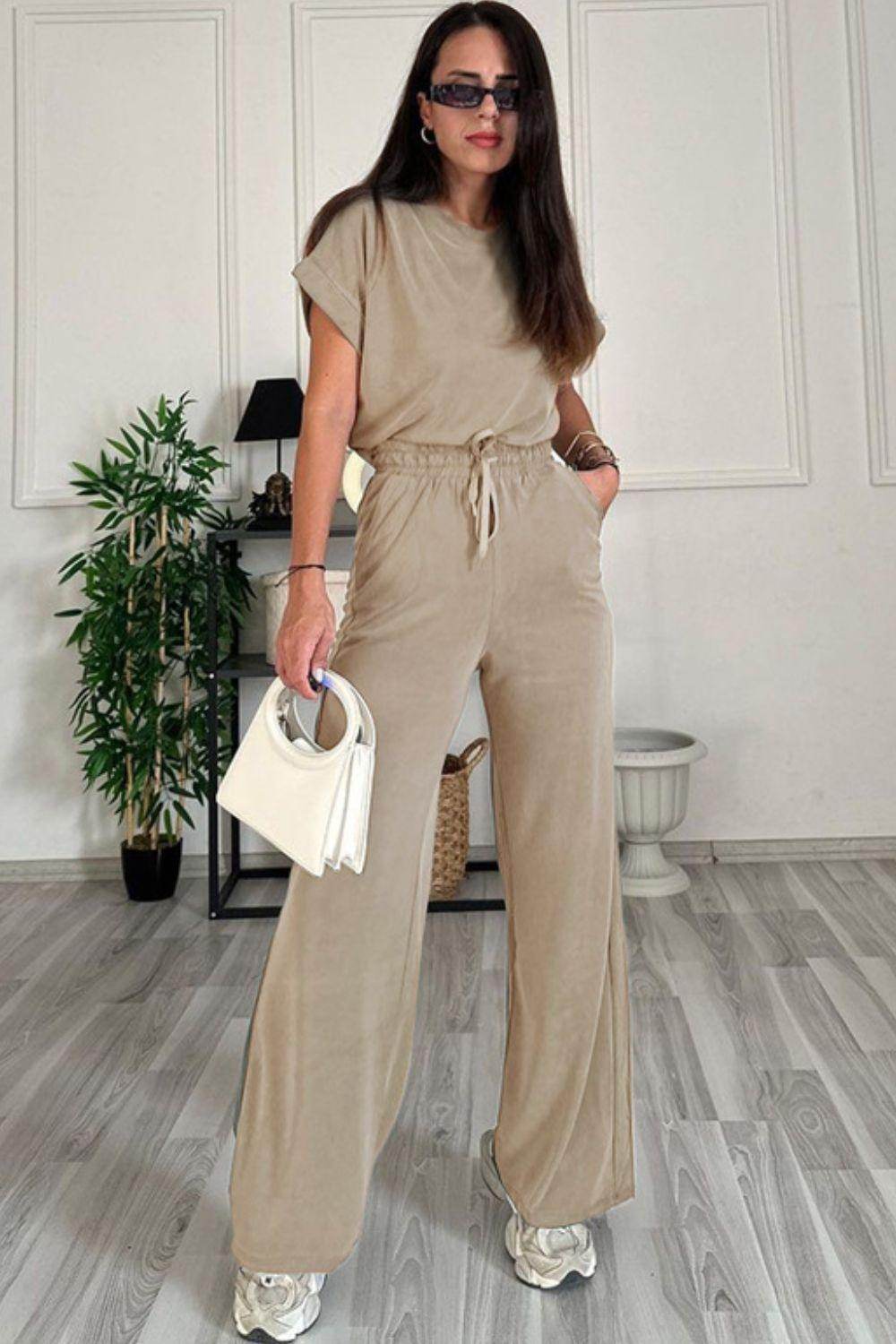Round Neck Short Sleeve Top and Drawstring Pants Set for Women