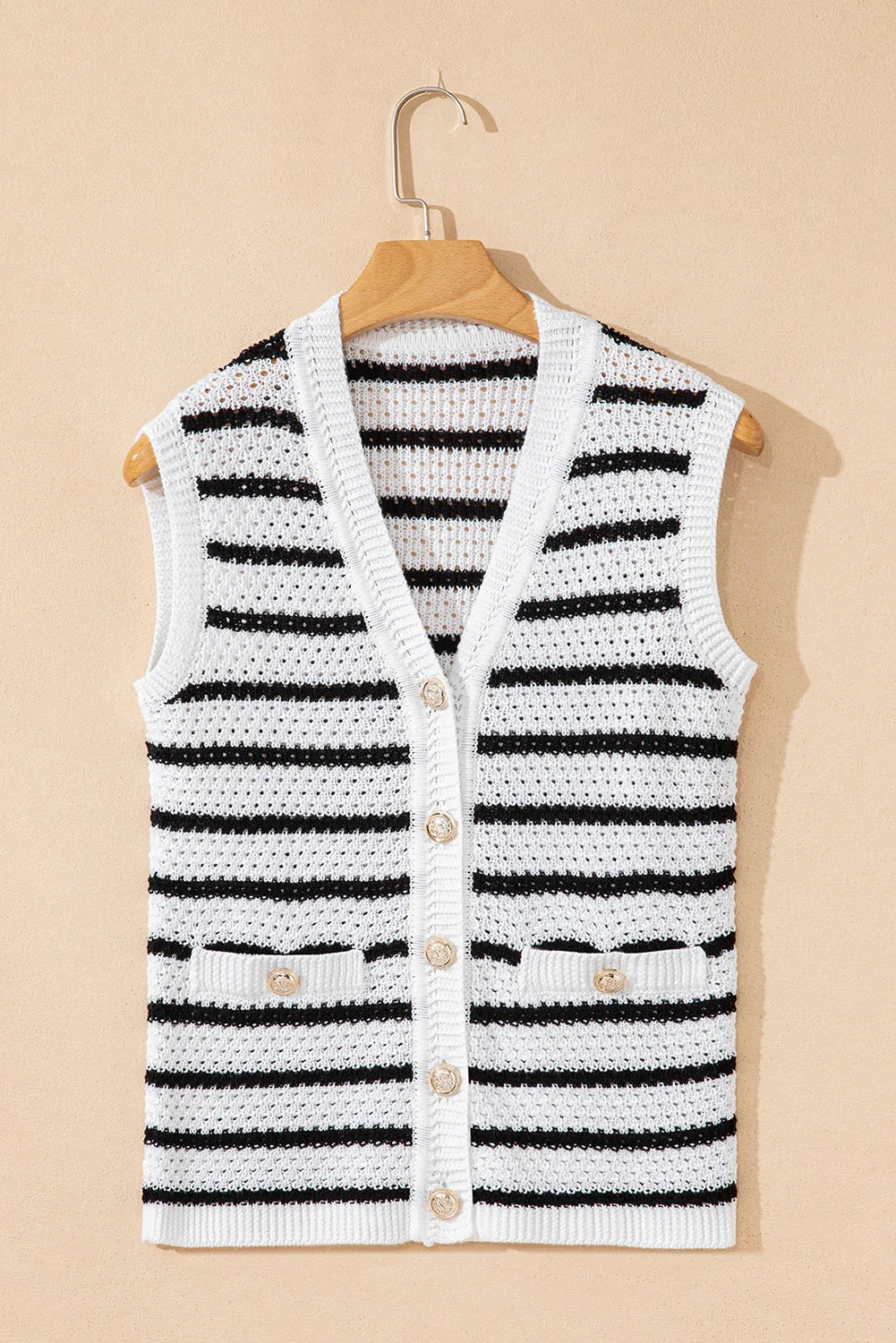 Sky Blue Striped V Neck Button Knit Vest