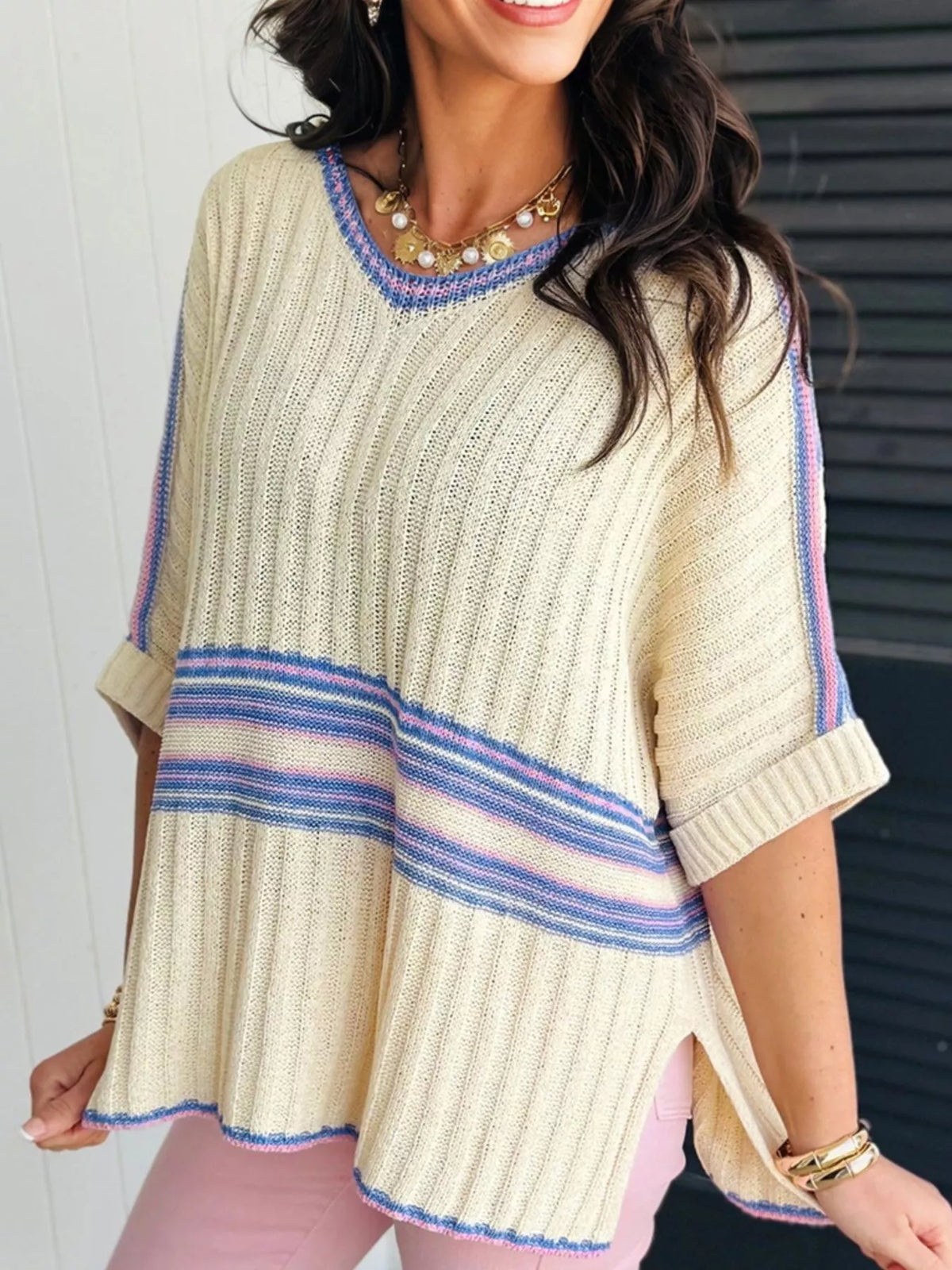 Striped V Neck Dolman Sleeve Rib Knit Oversized Sweater with Slits