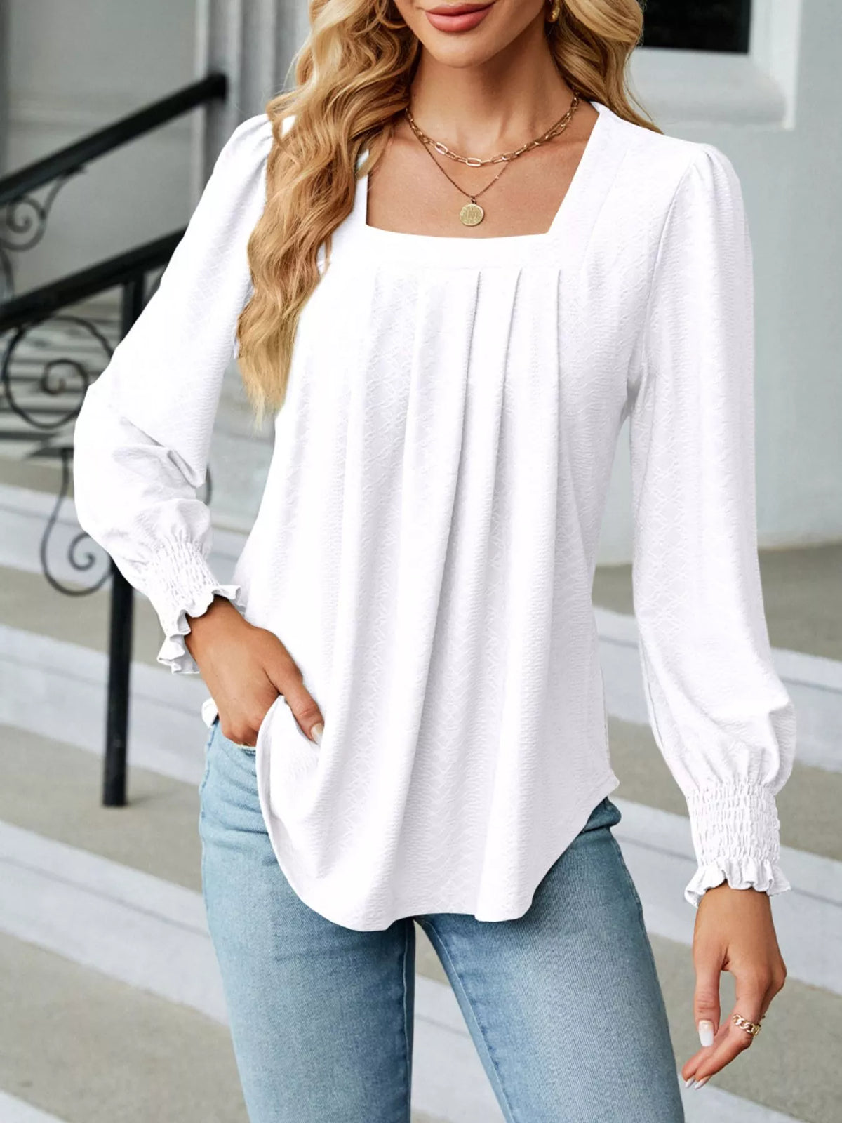 Pleated Square Neck Long Sleeve Top