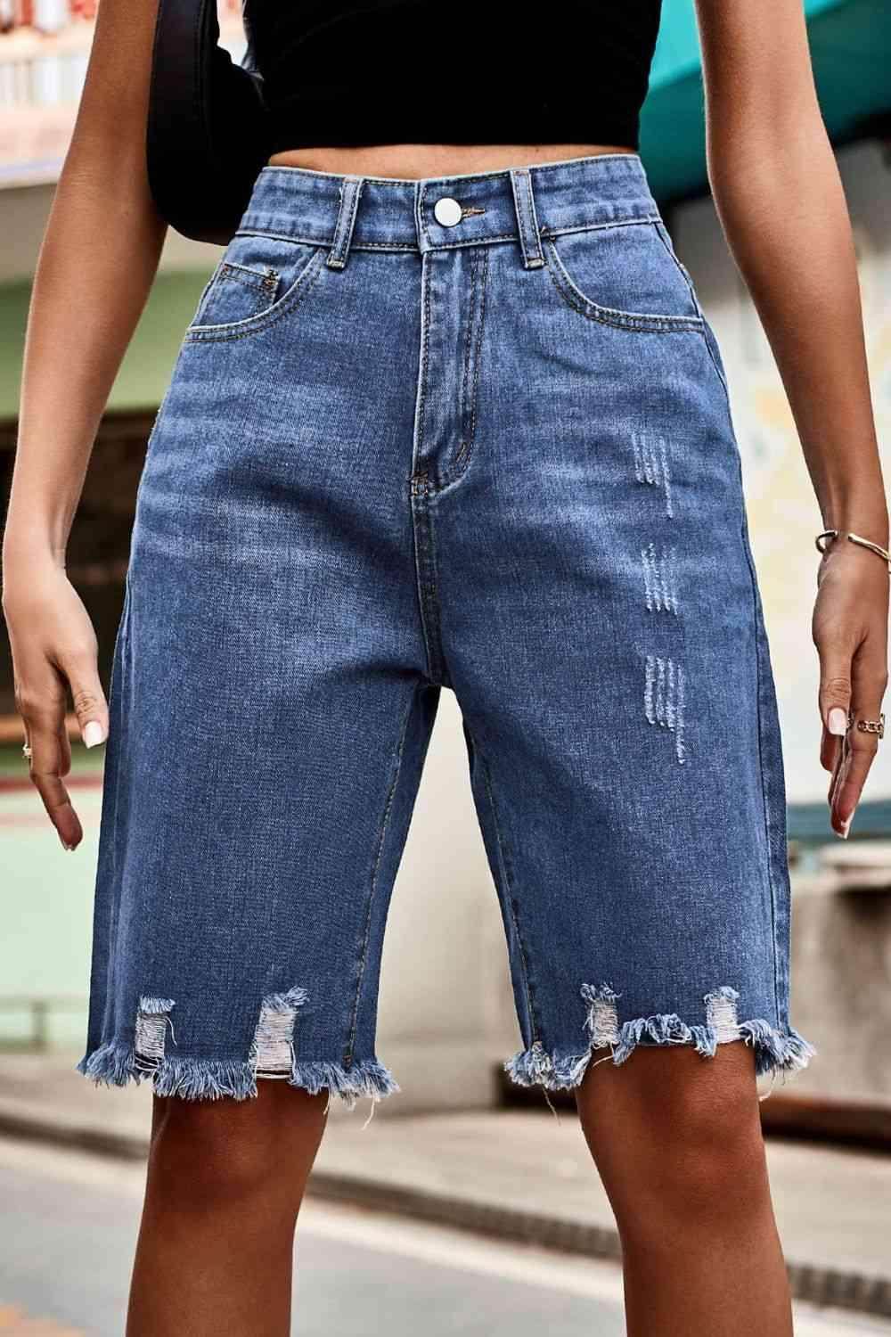 Raw Hem High Waist Denim Shorts with Pockets for Women