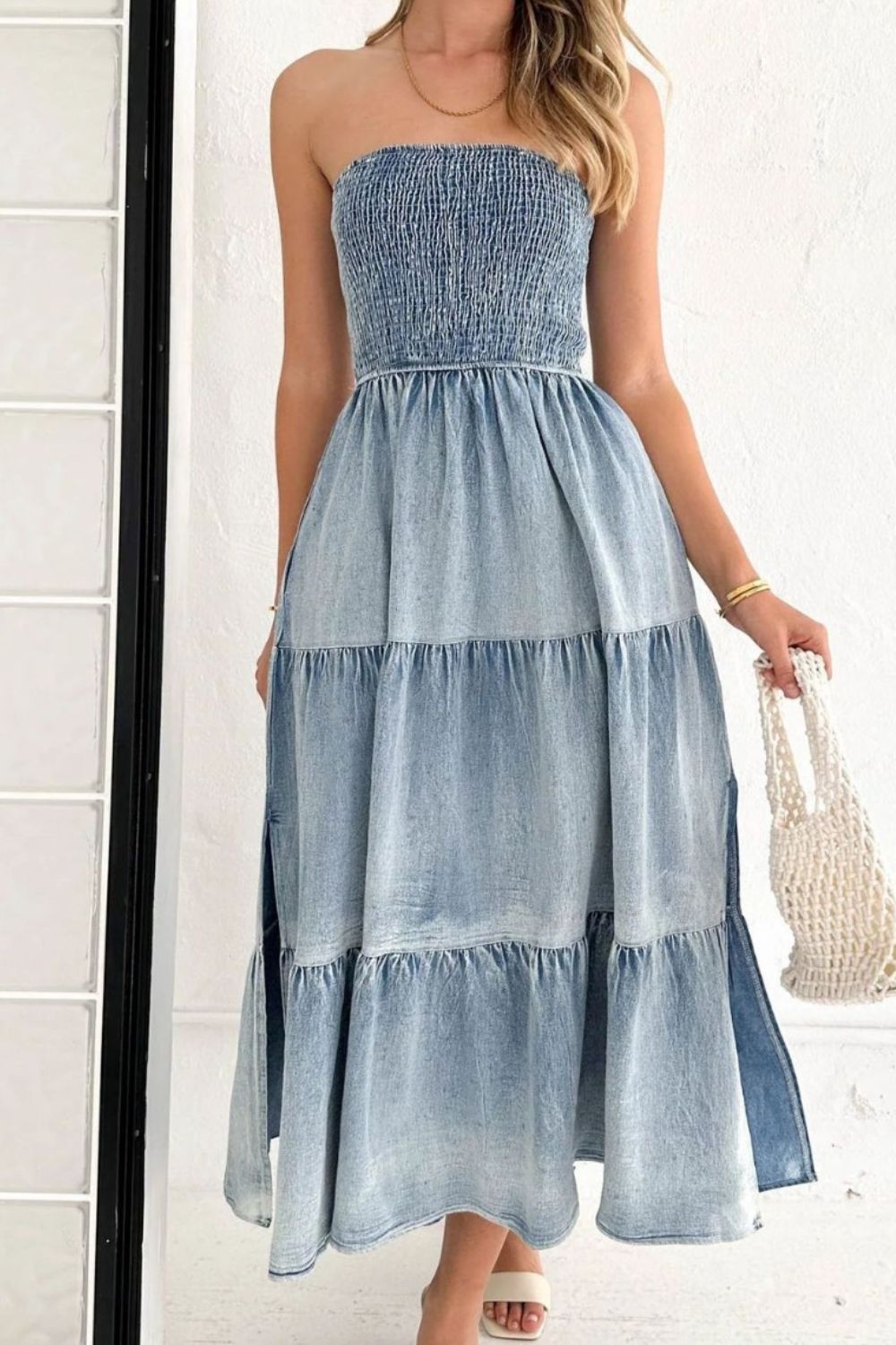 Smocked Tube Slit Tiered Denim Dress