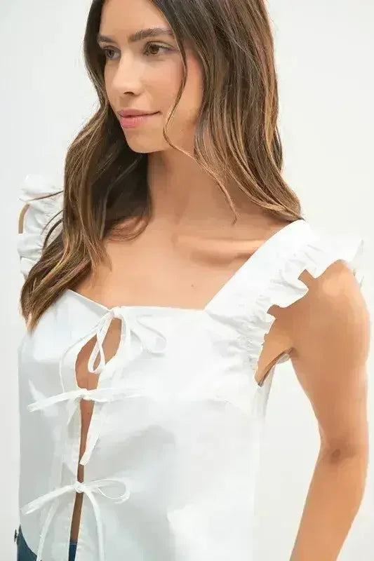MABLE Poplin Ruffle Strap Front Self Tie Top