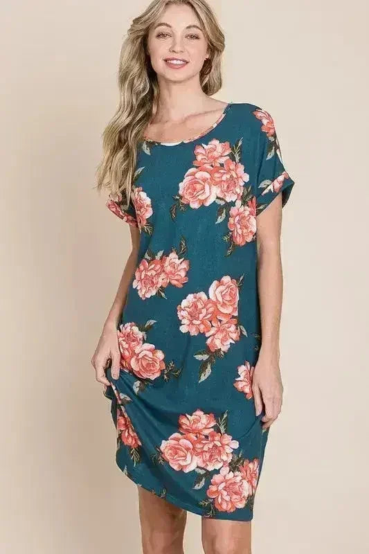 BOMBOM Floral Round Neck Short Tee Dress with Pockets