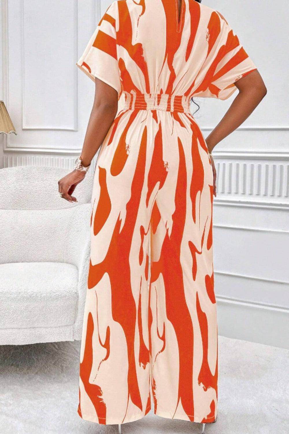 Printed V-Neck Short Sleeve Wide Leg Jumpsuit for Women