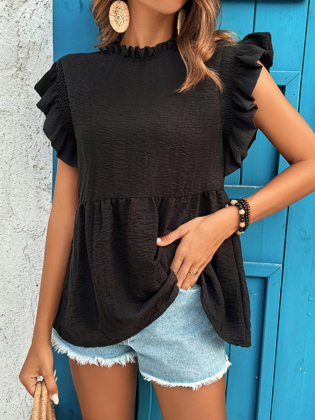Ruffled Cap Sleeve Blouse