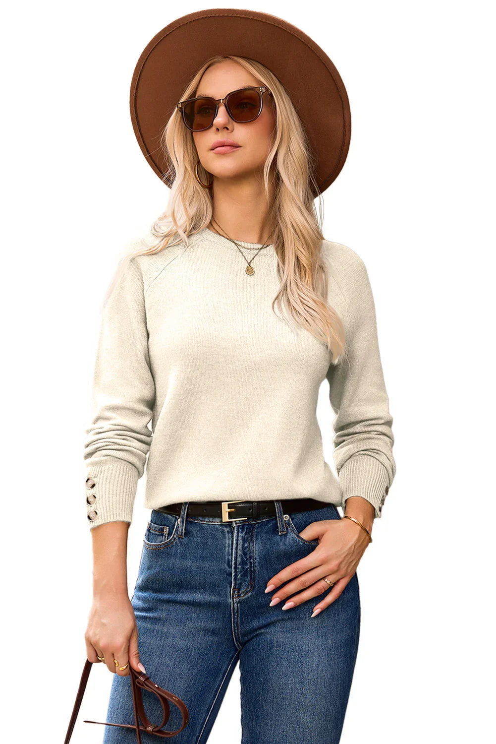 White Buttoned Cuffs Raglan Sleeve Knit Sweater