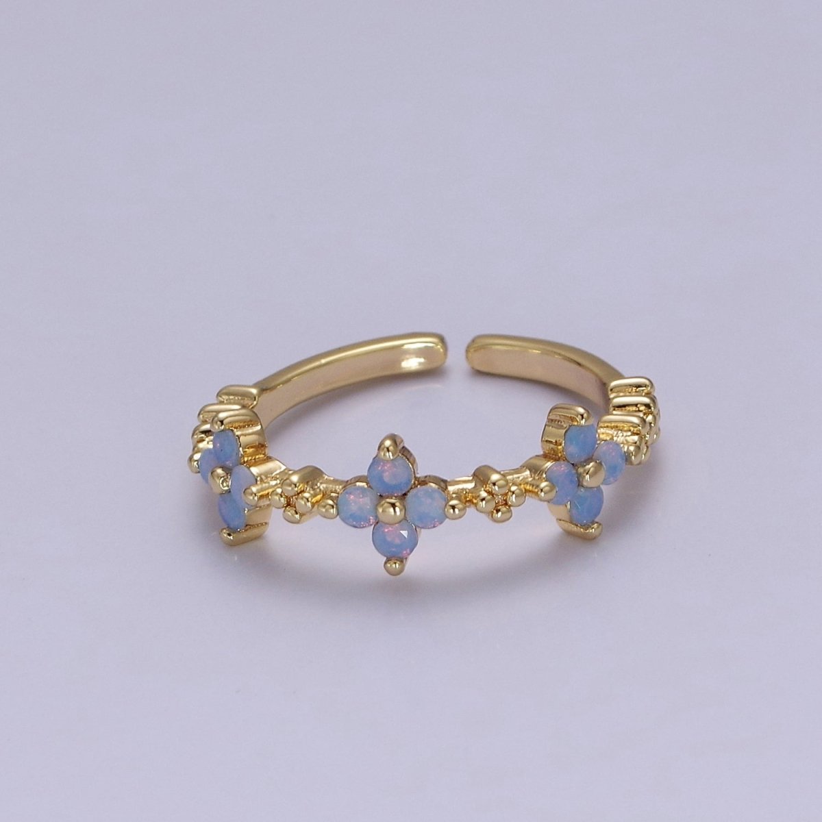 Dainty Blue Opal Flower Ring Open Adjustable Gold Filled Band Ring For Minimalist Jewelry O2079