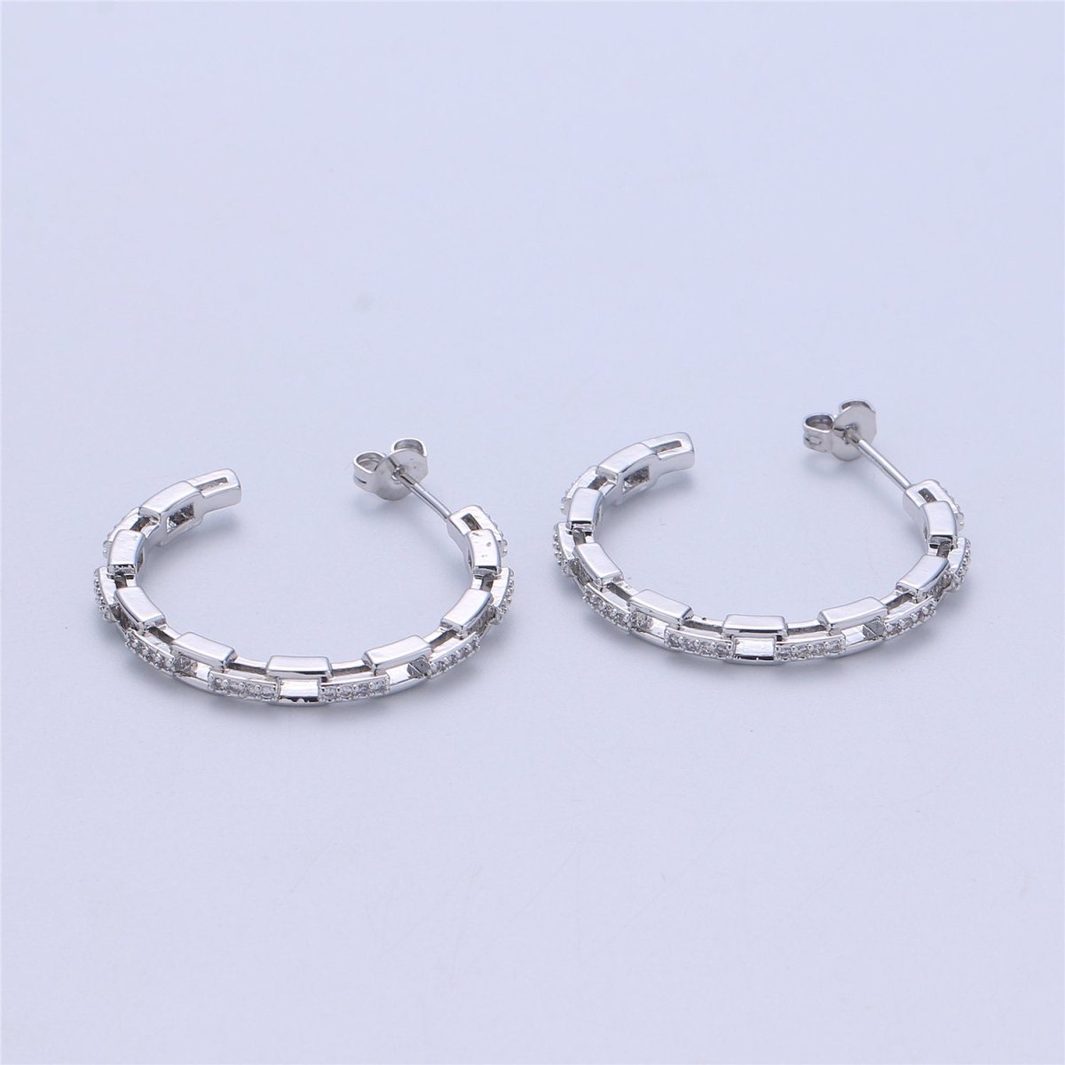 Dainty Gold Chain Earring- Curb Chain Earring - Micro Pave Thin Earring - Gold Filled Hoop Ring - Minimalist Jewelry - Silver Link Earring Q-537 Q-538