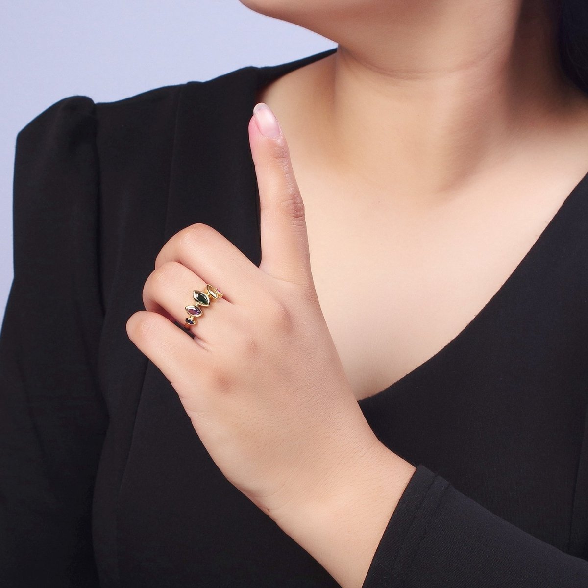 Dainty Gold Multi Color CZ Gemstone Eye Ring Open Adjustable Ring O-122