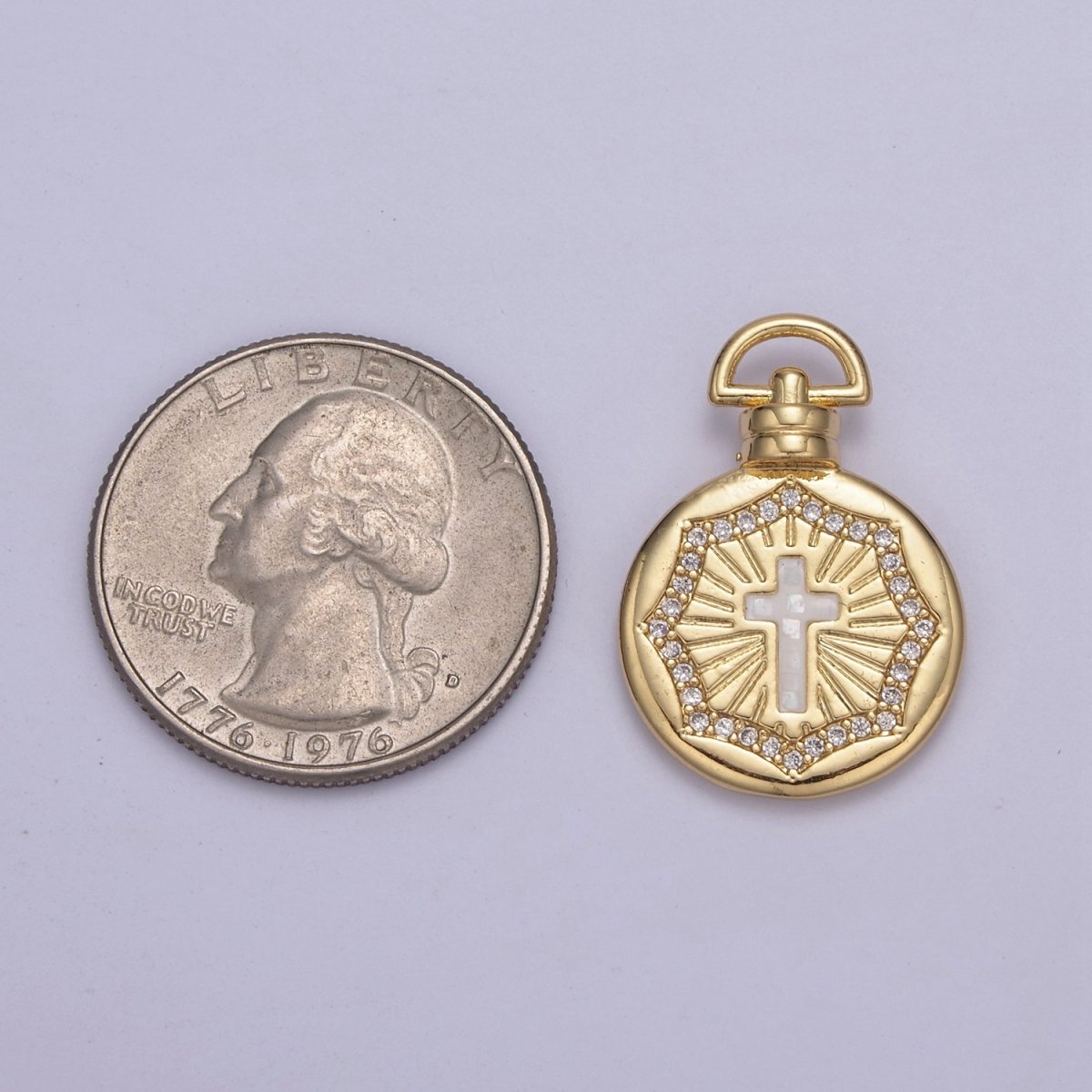 Dainty Gold Pink Shell Cross Pendant Micro Pave Round Medallion Pink / White Shell Religious Jewelry Making H-613 H-618