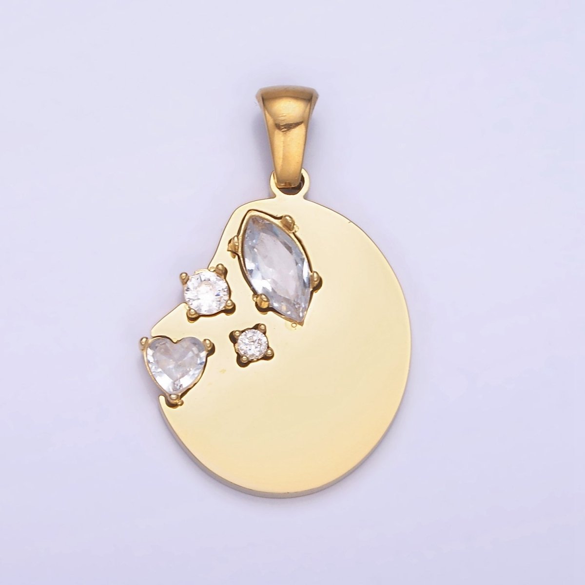 Dainty Gold Stainless Steel Abstract Coin Charm with Clear Crystal cz Stone | P1395