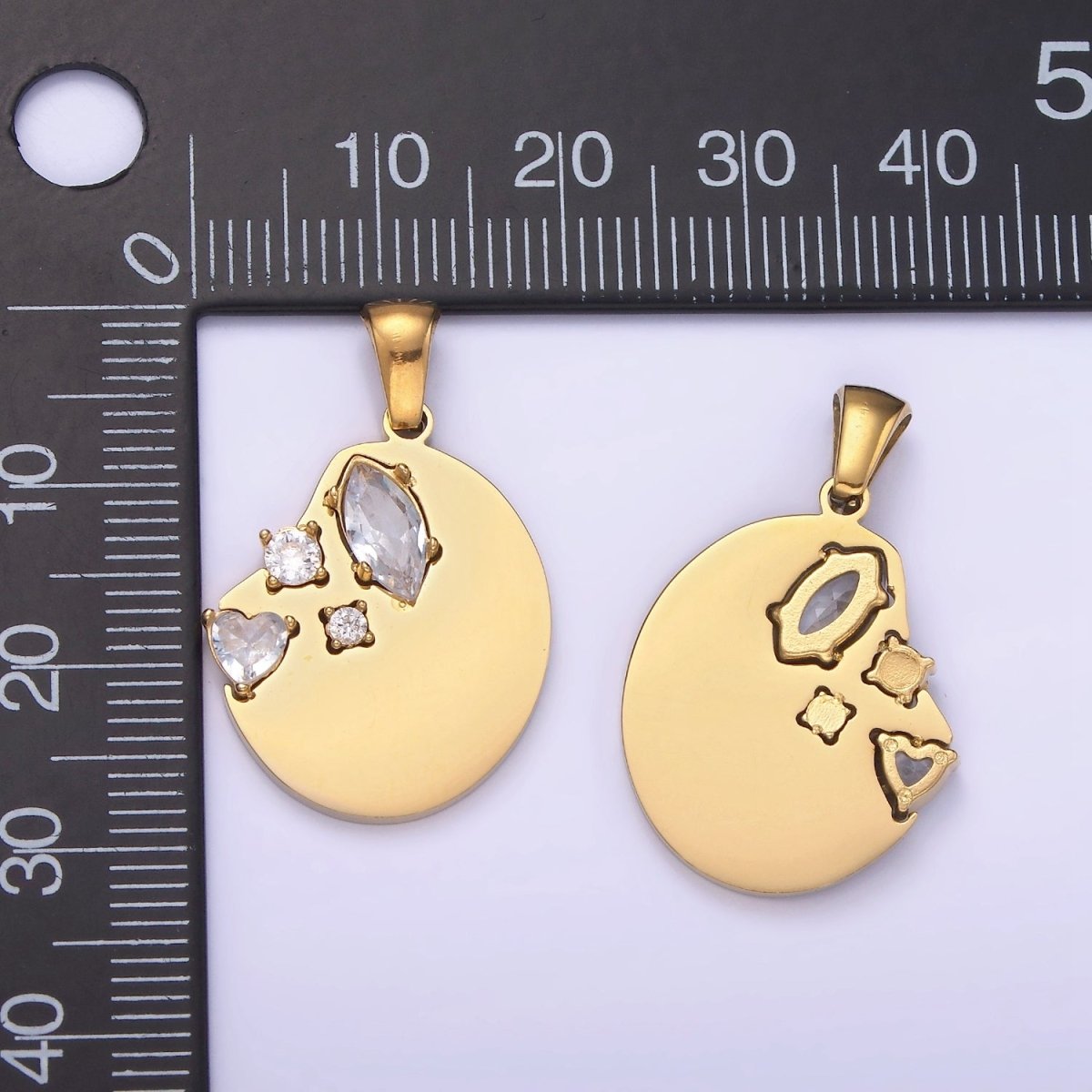 Dainty Gold Stainless Steel Abstract Coin Charm with Clear Crystal cz Stone | P1395