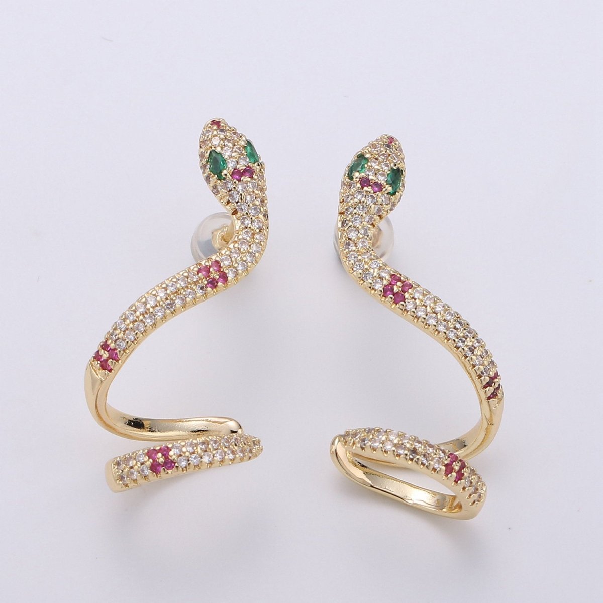 Dangle Snake Earrings, Gold Snake Earrings, Snake Stud Earrings, Snake Drop Earrings, Gold Snake Stud Micro Pave CZ Serpent Stud Earring Q-088
