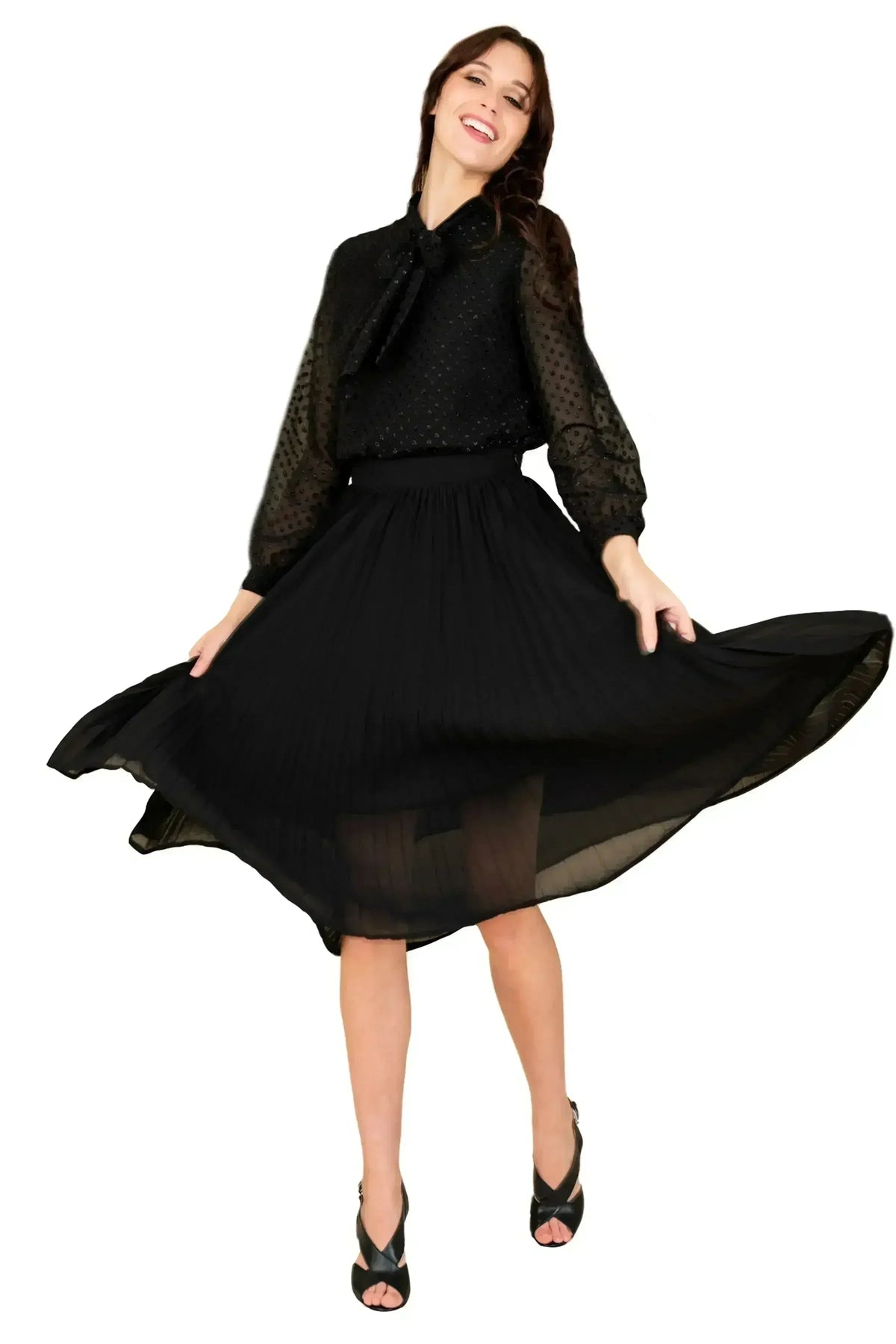 Black Crushed Chiffon Pleated Full lining Skirt | Femstylo