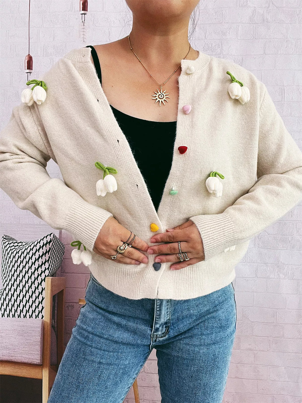 Flower Button Up Long Sleeve Cardigan