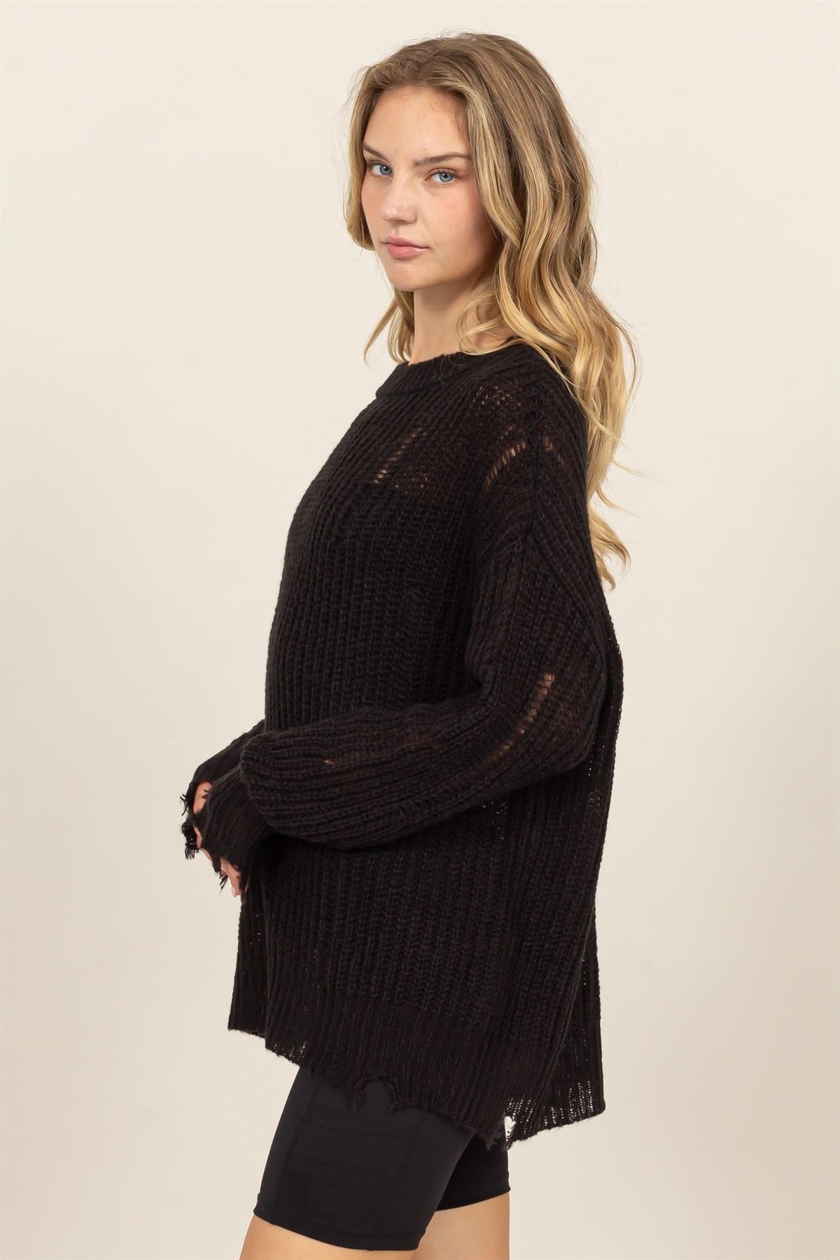 Back To School Sweater - HYFVE Distressed Long Sleeve Knit Top