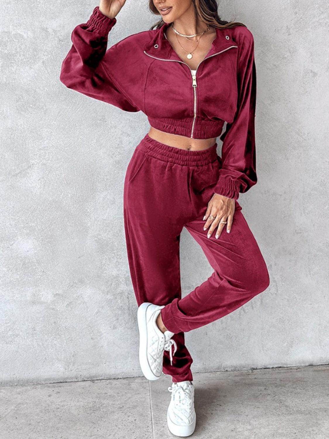 Zip Up Long Sleeve Cropped Top and Joggers Set for Women