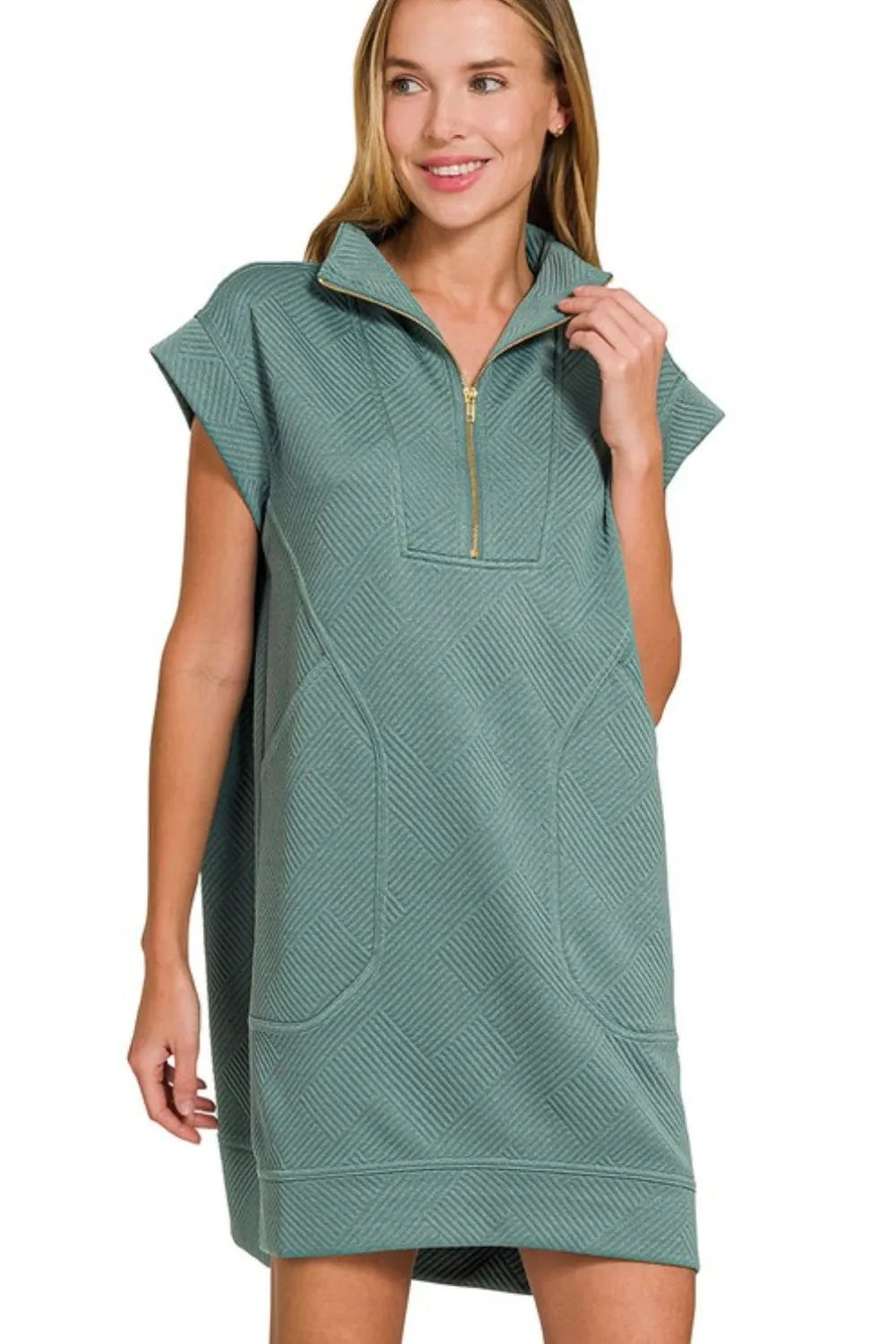 Zenana Textured Knit Jacquard Quarter Zipper Mini Dress