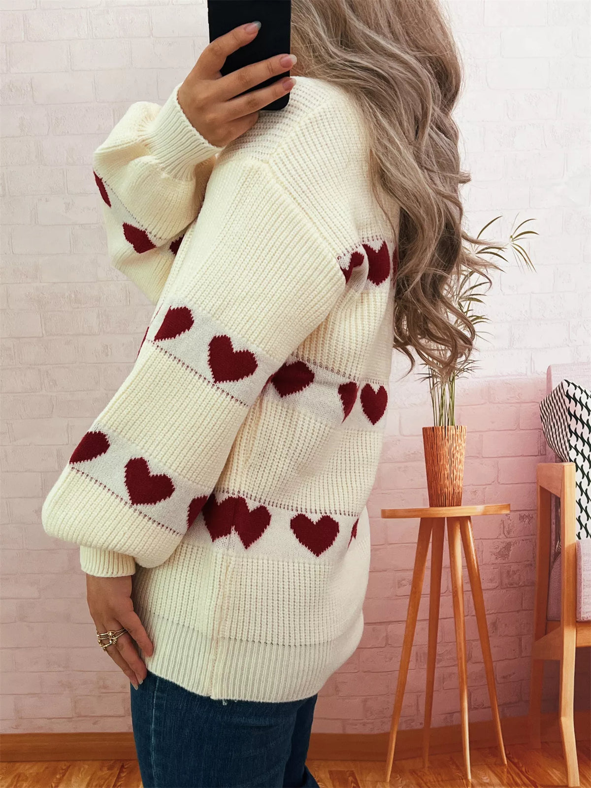 Heart Pattern Dropped Shoulder Sweater