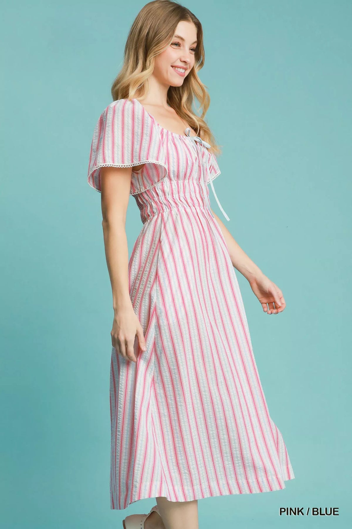 Umgee Smocked Striped Short Sleeve Midi Dress