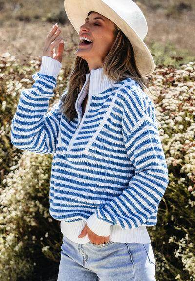 Striped Half Zip Mock Neck Long Sleeve Sweater for Women