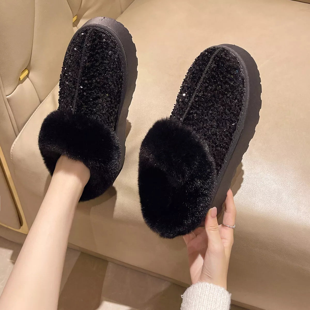 Sequin Round Toe Platform Boots