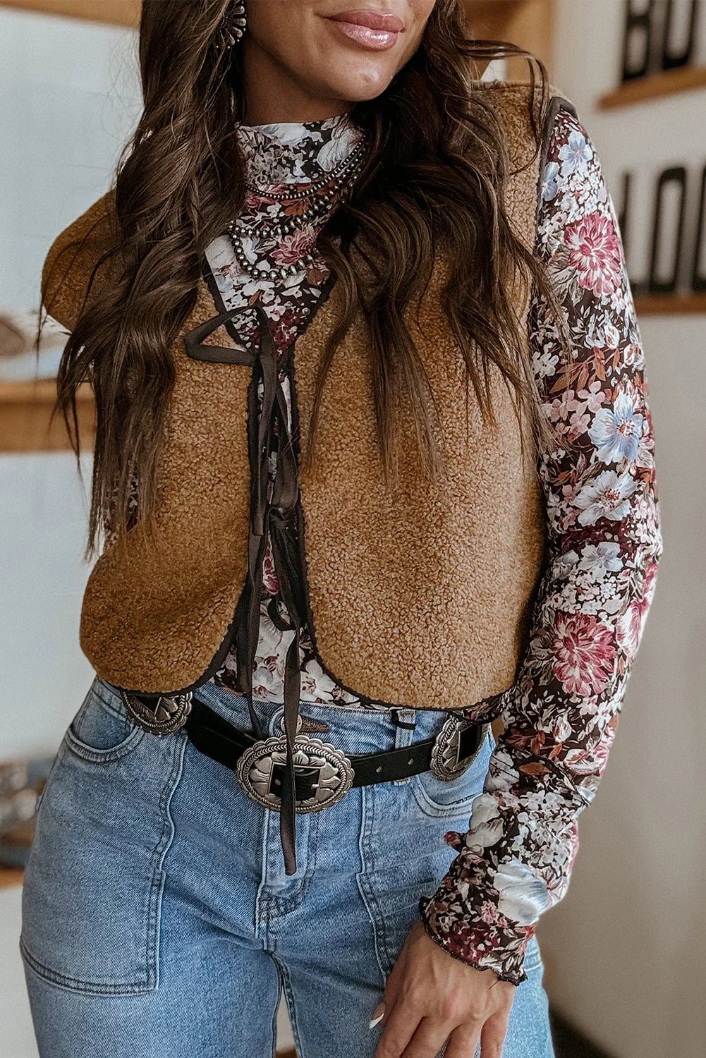 Light French Beige Fleece Tie Front Winter Vest