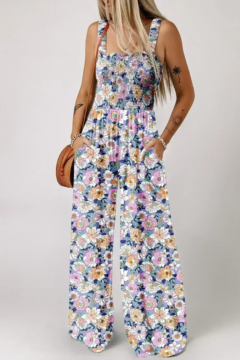 Purple Floral Square Neckline Stretch High Waist Jumpsuit