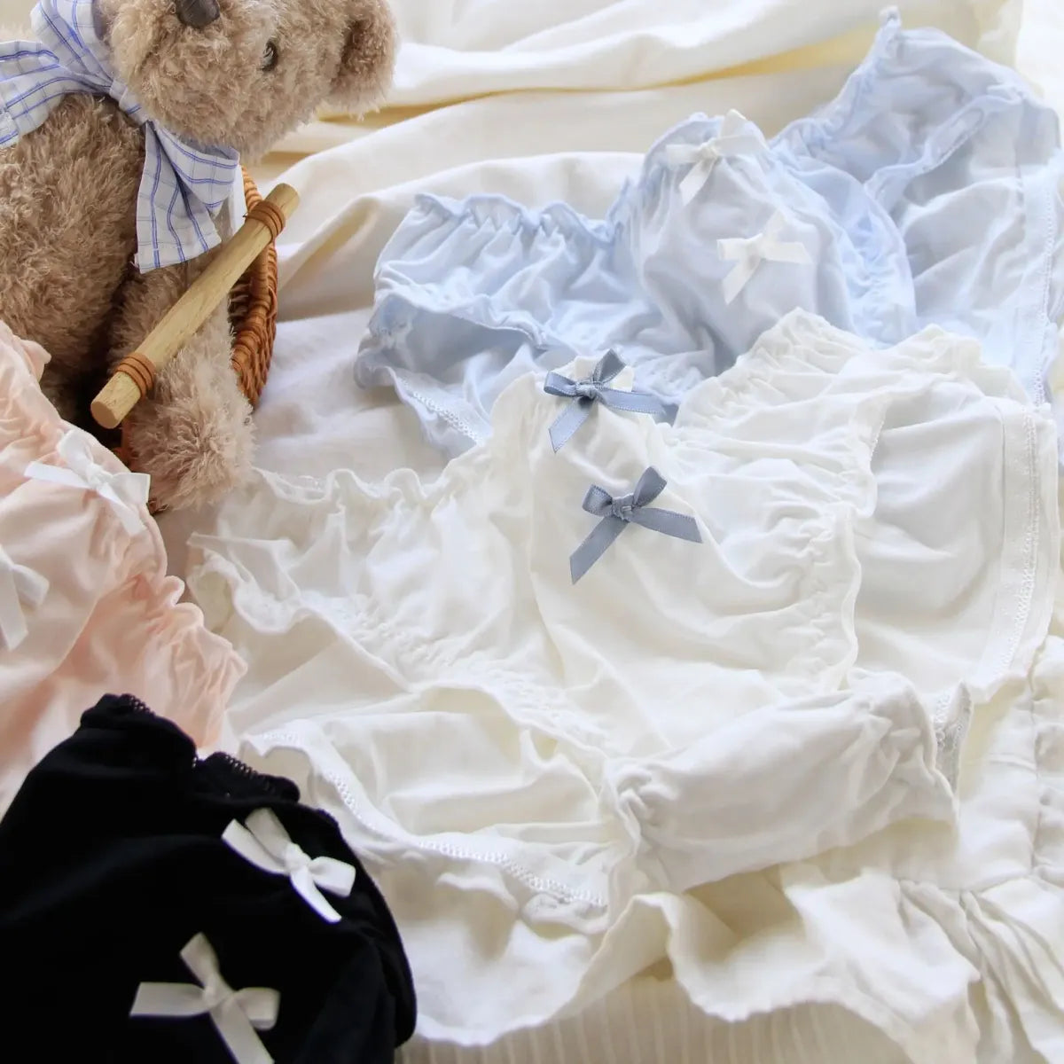 Double Bow Ruffle Panties – Mid-Waist Ice Silk Cotton Briefs