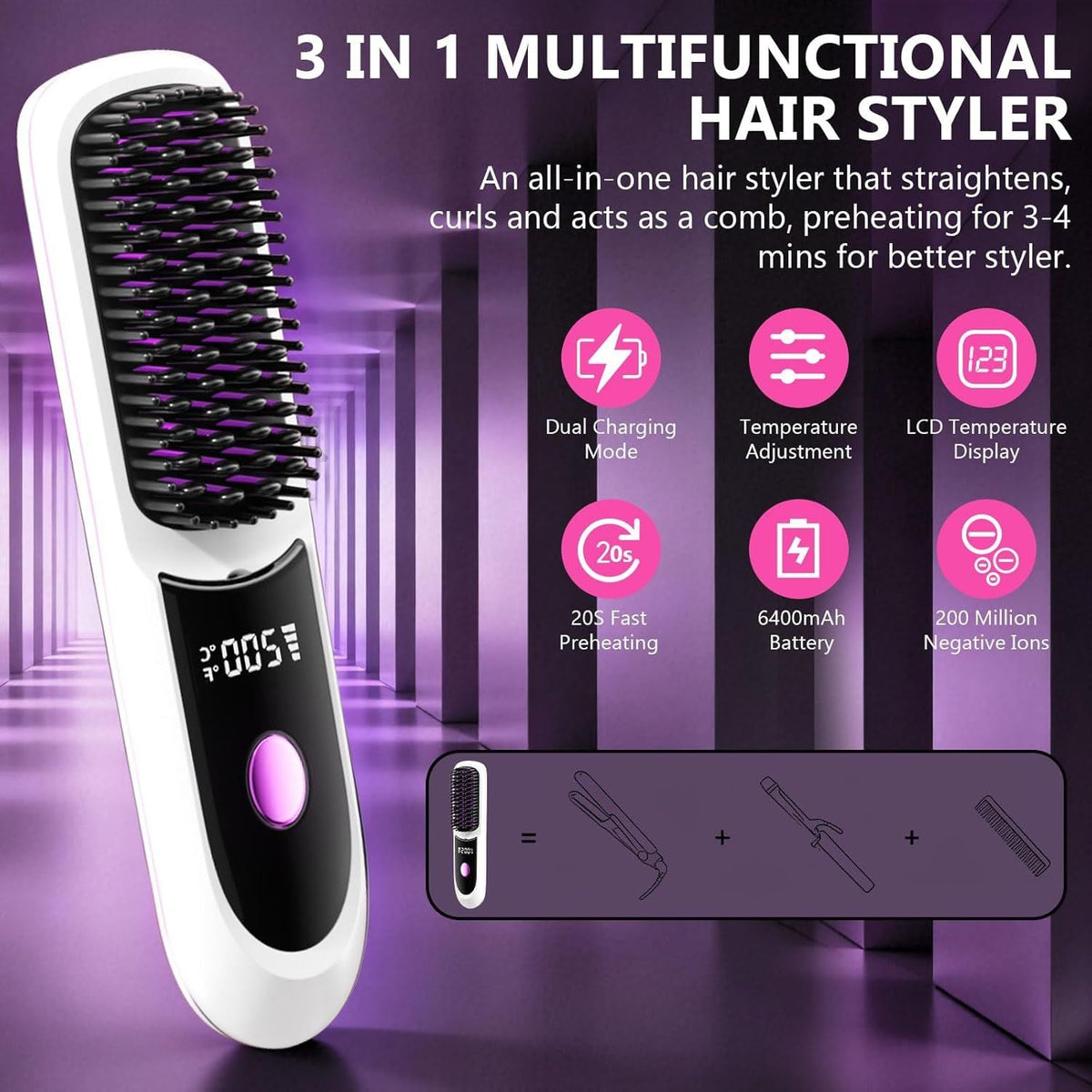 Hair Straightener, Cordless Hair Straightening Brush Portable Cordless Comb with Base Negative Ion Rechargeable Brush for Frizz-Free Shine Straightening, 6400mAh Fast Heating (Black)