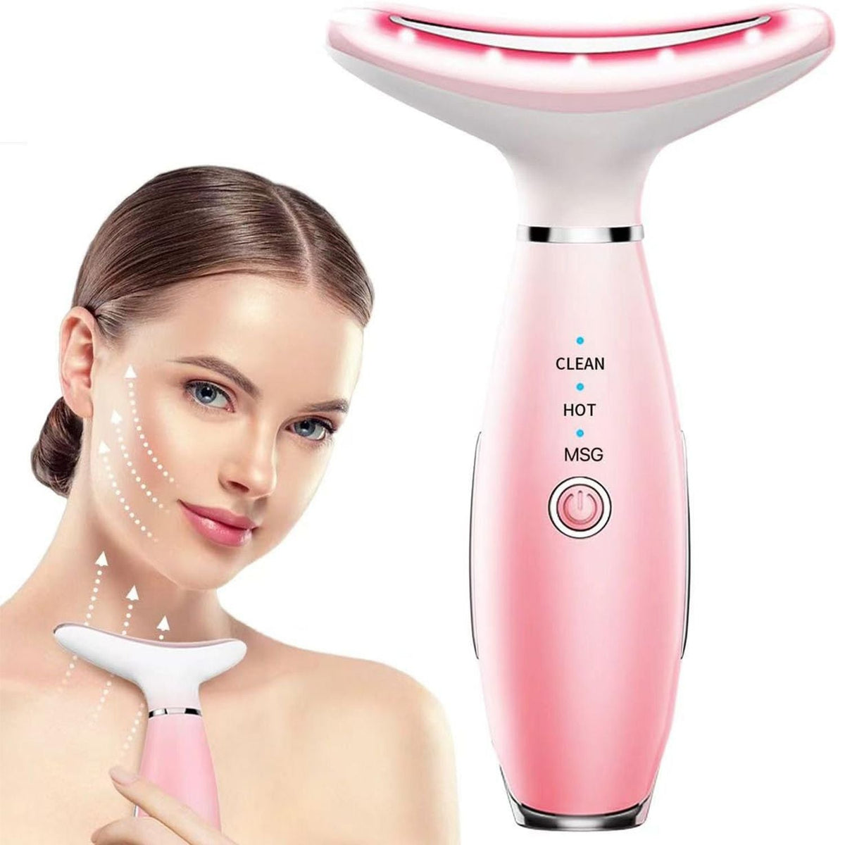 Neck Face Massager, Skin Care Face Massage Tool, 3-in-1 Facial Massager, Face Sculpting Tool with Thermals, Vibration (Pink)